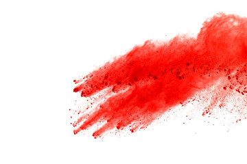 Red powder explosion on white background. Paint Holi.