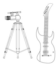 3d model of camera and guitar on a white