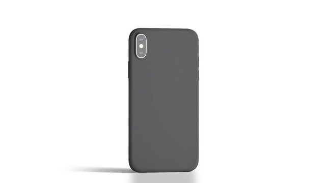 Blank black phone with matte case rotation, isolated, 3d rendering. Empty mobile in frosted cover mock up half-turning, back side view. Looped smartphone in bumper template.