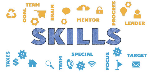 SKILLS Panoramic Banner with icons and tags, words. Hi tech concept. Modern style
