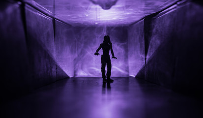 Creepy silhouette in the dark abandoned building. Horror about maniac concept or Dark corridor with cabinet doors and lights with silhouette of spooky horror person standing with different poses.