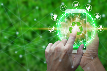 Hand use smartphone with environment Icons over the Network connection