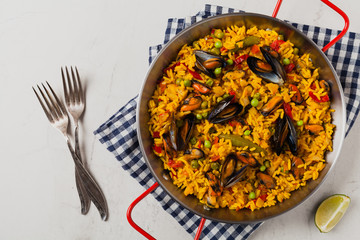 Traditional paella with mussels.