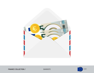 5 Euro Banknote. Flat style opened envelope with cash. Euro banknotes and coins. Salary payout or corruption concept.