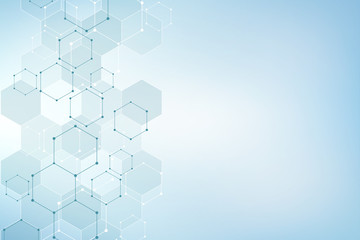 Geometric background texture with molecular structures and chemical compounds. Abstract background of hexagons pattern. Illustration for medical or scientific and technological modern design.