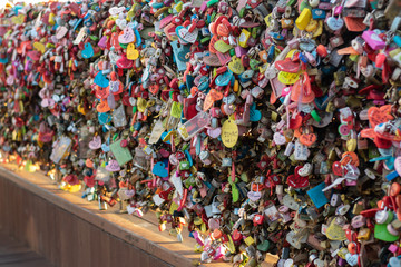Fototapeta na wymiar areity of locked key at N Seoul tower on the Namsan mountain that people believe they will have the forever love if write the couple name on it