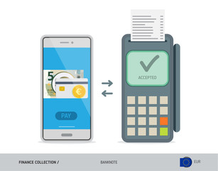 POS Terminal with 5 Euro Banknote. Flat style vector illustration. Finance concept.