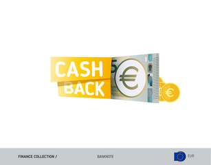 Cash back banner with 5 Euro Banknotes and coins. Flat style vector illustration. Shopping and sales concept.