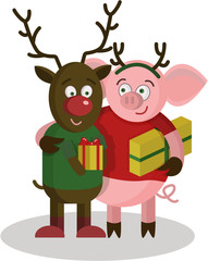 Pig with Christmas horns hugging a deer friend 