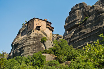 Huge rocks with christian orthodox monasteries at morning above Meteora valley near Kalambaka, Thessaly, Greece