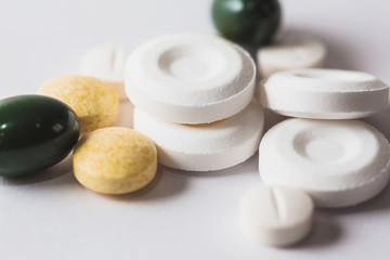 close-up of pharmaceutical medicine pills, different type of pills on white background , Health care