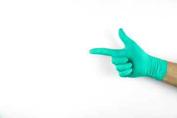 Male hand in medical glove on white background.