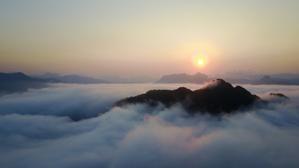 Aerial Khao Sok National Park with jungle and Clouds