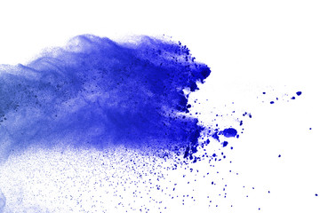Blue powder explosion on white background. Colored cloud. Color dust explode. Paint Holi.