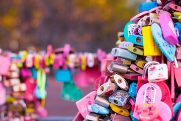 areity of locked key at N Seoul tower on the Namsan mountain that people believe they will have the...
