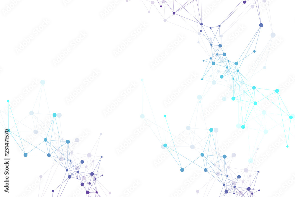 Poster Geometric abstract background with connected line and dots. Network and connection background for your presentation. Graphic polygonal background. Scientific vector illustration.