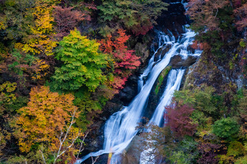 Kirifuri waterfalls and Beautiful romantic maple leaves in autumn landscape at Senoo, Nikko, Tochigi Prefecture. autumn natural background