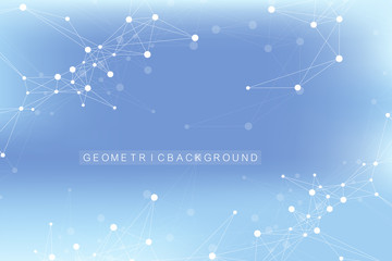 Geometric abstract background with connected line and dots. Network and connection background for your presentation. Graphic polygonal background. Scientific vector illustration.