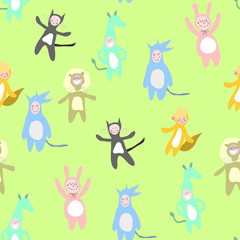 Kids in animal costumes green seamless pattern