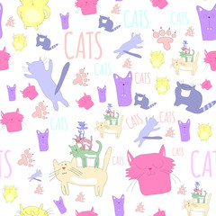 Cute doodle cats seamless pattern