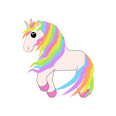 A small unicorn with rainbow-colored hair stands