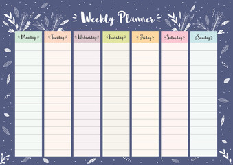 Simple Colorful Weekly Planner. Printable Floral Vector Schedule. Dark Blue Background. 7 Columns. Each Day in Different Bright Pastel Colors. Delicate Personal Daily Planner.
