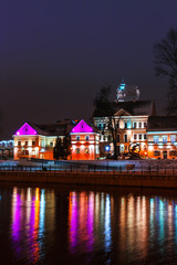 Minsk, Belarus-December 2017: night city, Nemiga and the river Svisloch decorated for the festive New Year illumination