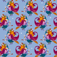 Obraz premium Befana. Old woman flying on a broomstick with a basket of gifts for children. Italian Christmas tradition. Seamless background pattern.
