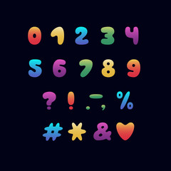 Alphabet cartoon design. Rainbow style. Numbers and punctuation marks. Font vector typography. EPS 10