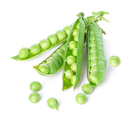 Fresh green peas pods isolated on white background