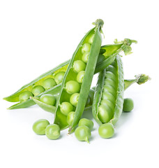 Fresh green peas pods isolated on white background
