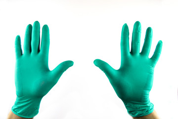 Male hand in medical glove on white background.
