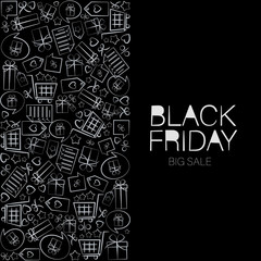 Black Friday. White signs arranged in a rectangle. Web banner, logo, emblem and label. Inscription design template with contrasting signs, bright signboard, black and white poster.