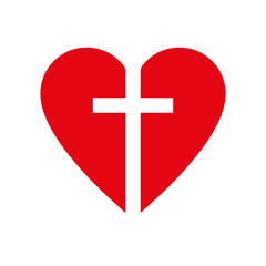 Christian cross icon in the heart inside. Red christian cross sign. Vector illustration.
