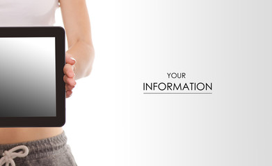 Female hands holding tablet pattern on white background isolation