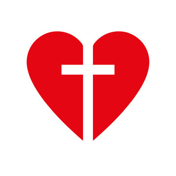 Christian cross icon in the heart inside. Red christian cross sign. Vector illustration.