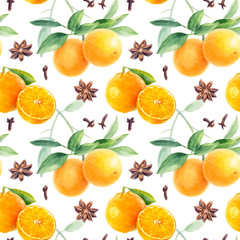 Christmas seamless pattern. Orange, mandarin fruit hand draw watercolor illustration.