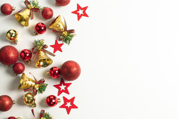 glitter ball and gold ringbell with season greeting merry christmas prop decoration on white background © issaronow