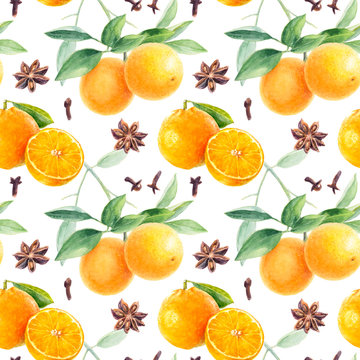 Christmas seamless pattern. Orange, mandarin fruit hand draw watercolor illustration.