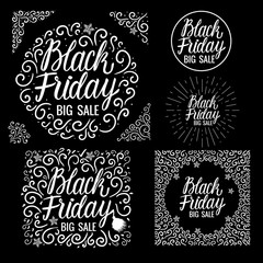 Set Lettering inscription sign element card Vector Black Friday. Big Sale Design Hand drawn white illustration on checkered dark background.
