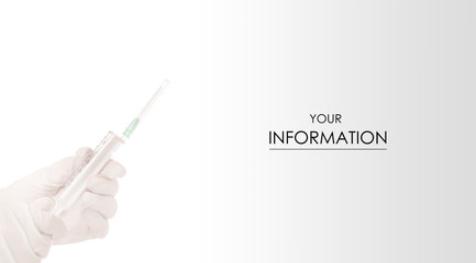 Hands in medical gloves with syringe cosmetology medicine pattern on white background isolation