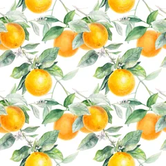 Fotobehang Aquarel fruit Oranje naadloos patroon. Oranje fruit hand tekenen aquarel illustratie.