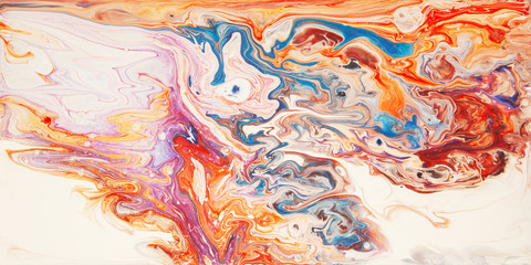 Colorful orange and blue wavy texture. Abstract acrylic painting. Fluid art.