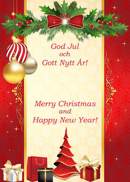 Red greeting card with the message (Merry Christmas and Happy New Year) written in English and Danish