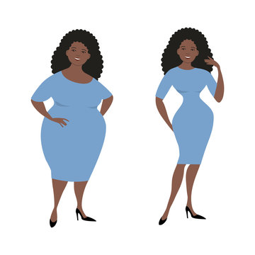 Plump black woman in a blue dress isolated on a white background and the same woman after losing weight. Vector illustration.