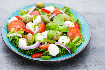 Vegetable salad with cheese mozzarella, tomatoes, basilikum and spice.