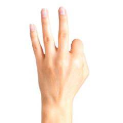 Female hand showing three fingers and palm
