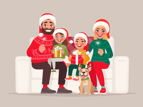 Merry Christmas and Happy New Year. Family sitting on the couch on an isolated background