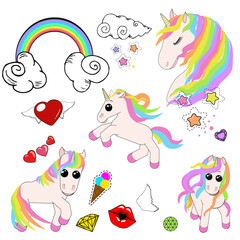 A set of icons of unicorns, stars, ice cream, rainbow, clouds with curls, lips in a kiss, ice cream in a horn and diamonds.