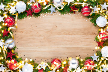 Christmas greeting card wooden background.